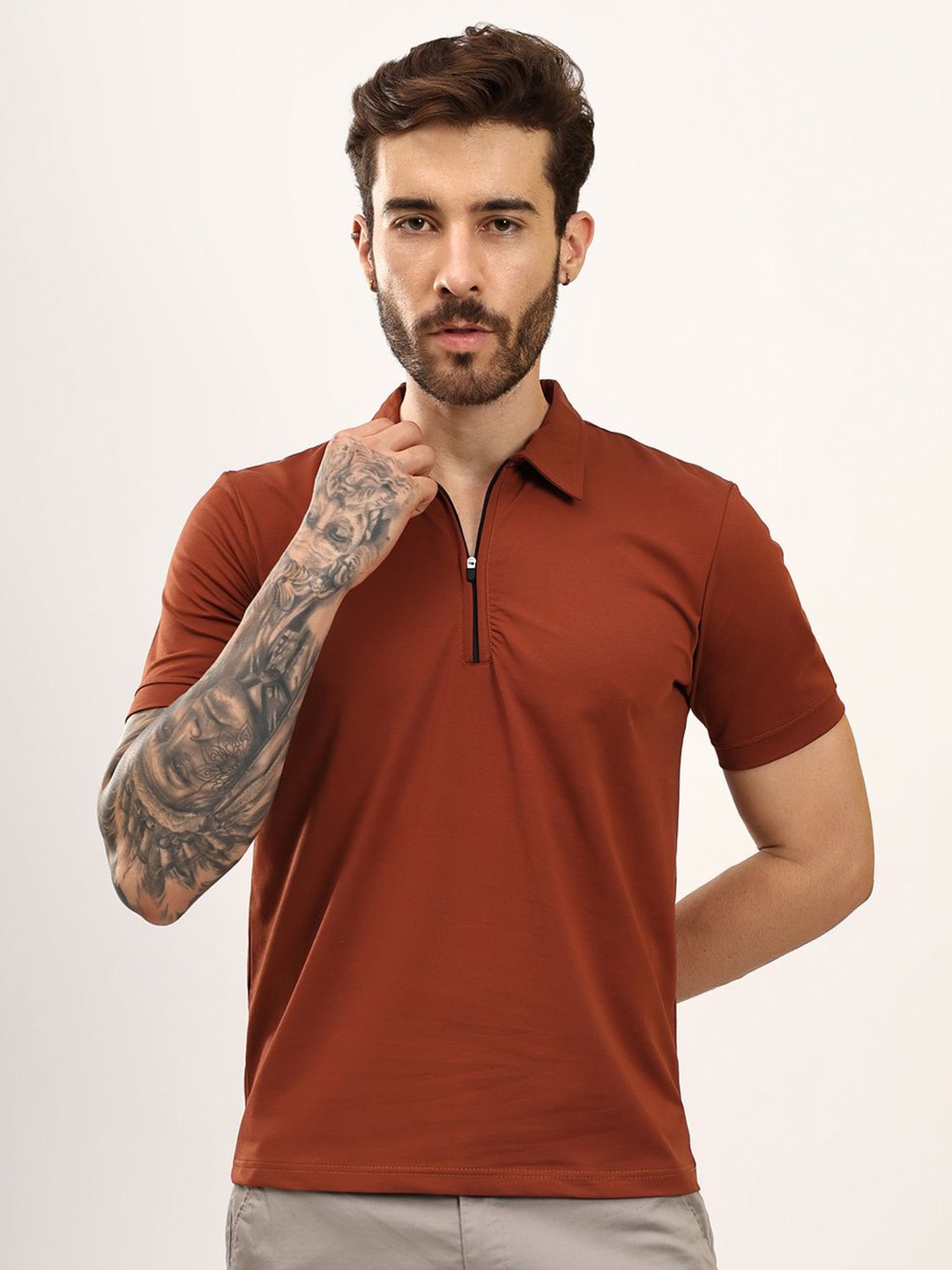 

Nineninety Men Solid Polo Collar Cotton T-shirt, Rust