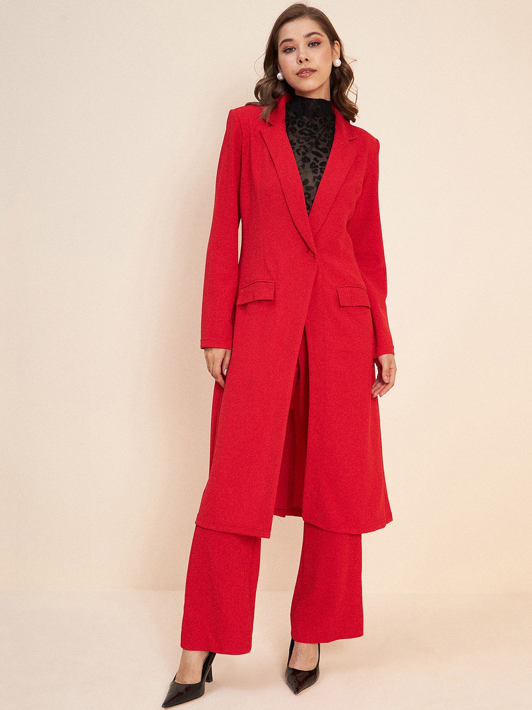 

Antheaa Shirt Collar Long Sleeves Coat With Trouser, Red