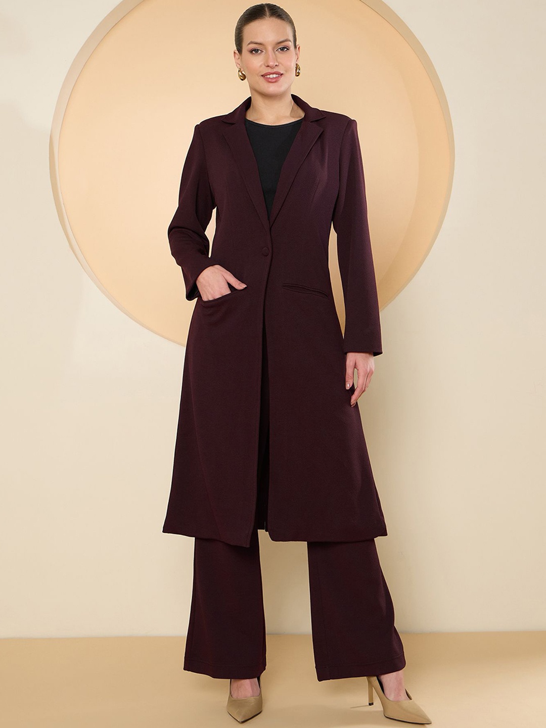 

Antheaa Shirt Collar Long Sleeves Long Coat With Trouser, Brown