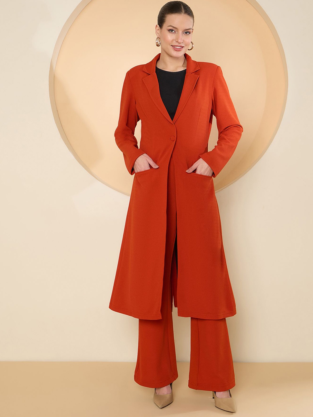 

Antheaa Shirt Collar Long Sleeves Long Coat With Trouser, Rust