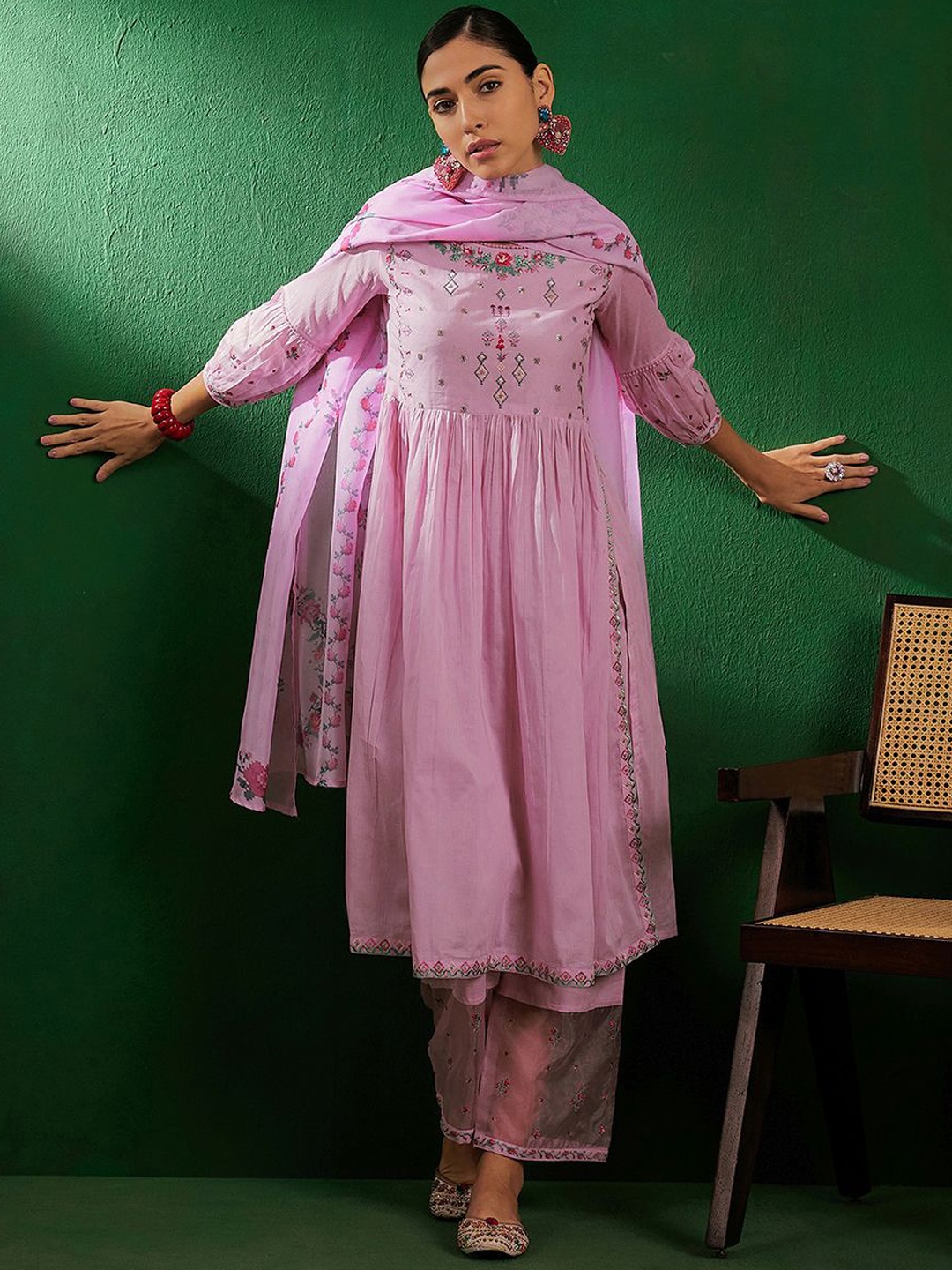 

Sangria Pink Floral Embroidered Pleated Pure Cotton A-Line Kurta With Trouser And Dupatta