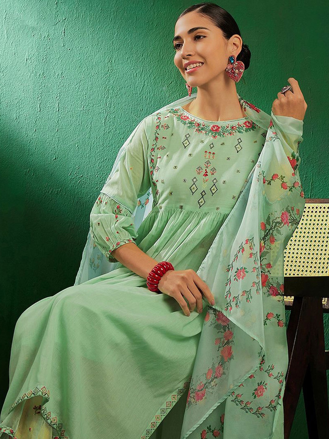 

Sangria Green Floral Embroidered Pleated A-Line Pure Cotton Kurta With Trouser & Dupatta, Sea green