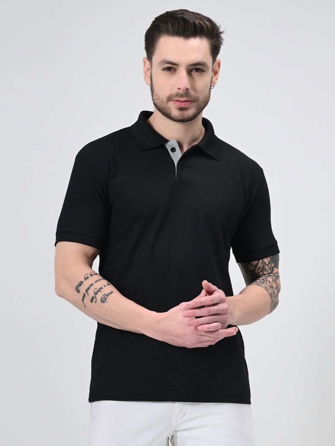 

EKSDEE Men Solid Polo Collar Cotton T-shirt, Black