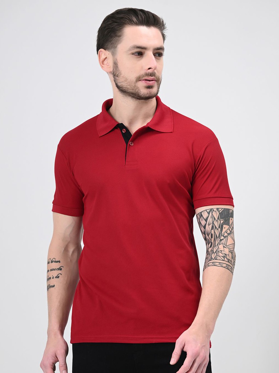 

EKSDEE Men Solid Polo Collar Cotton T-shirt, Red