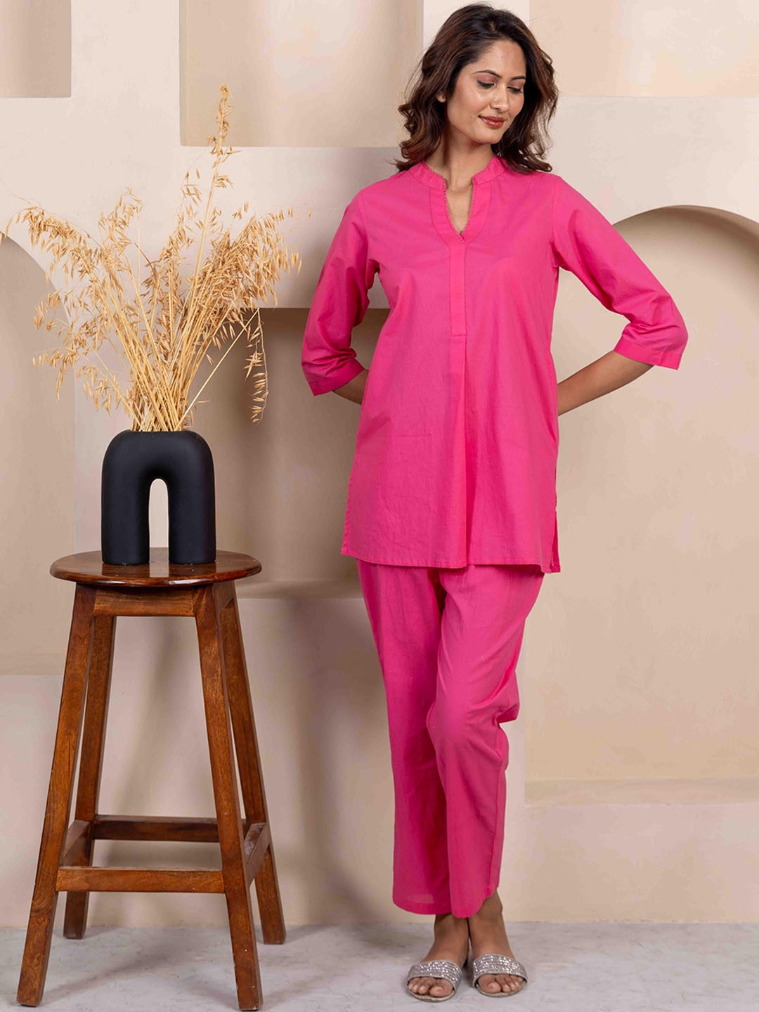 

INAAYA JAIPUR Mandarin Collar Pure Cotton Tunic With Trousers, Pink