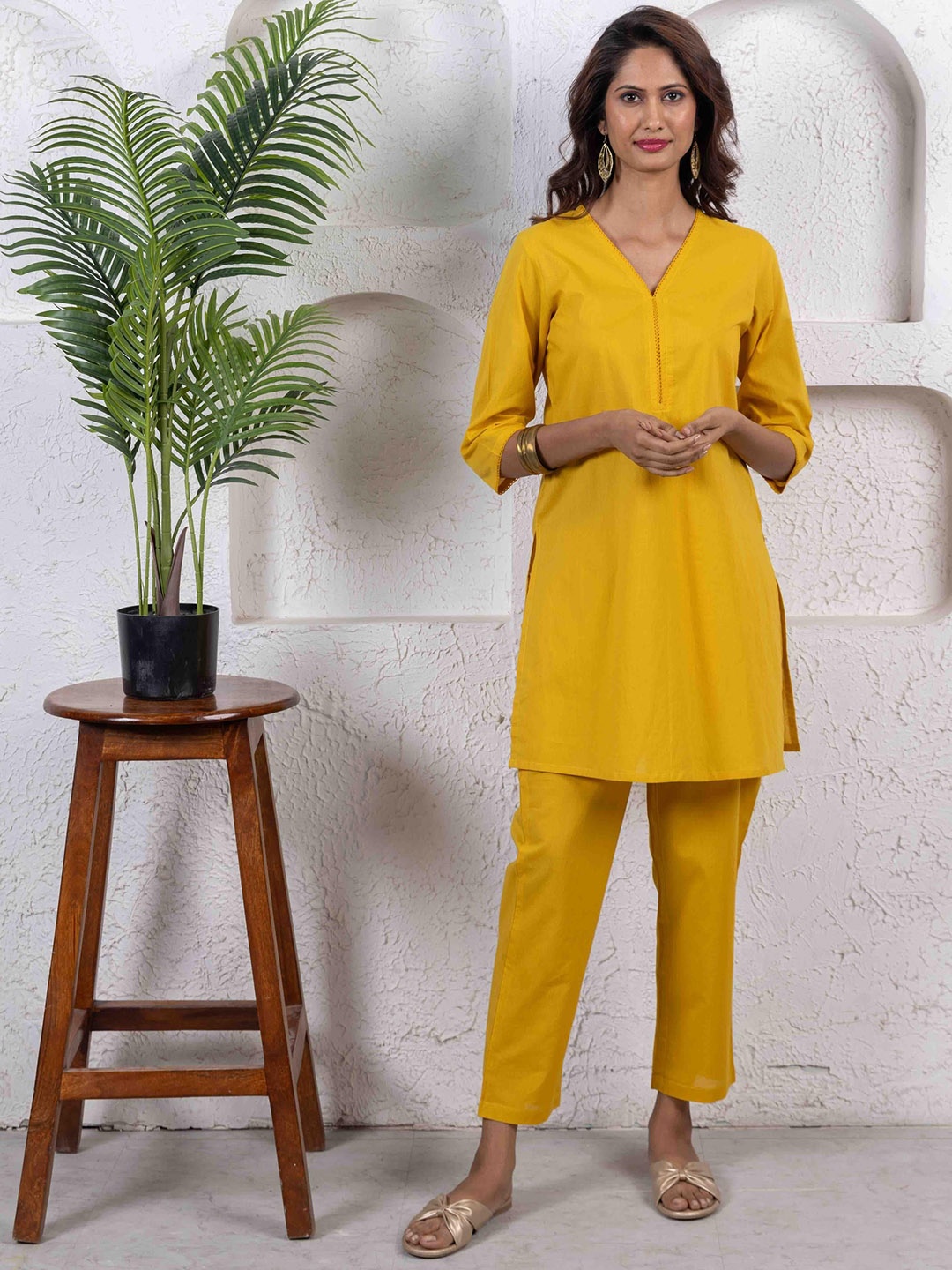 

INAAYA JAIPUR V Neck Pure Cotton Tunic With Trousers Co-Ords, Mustard