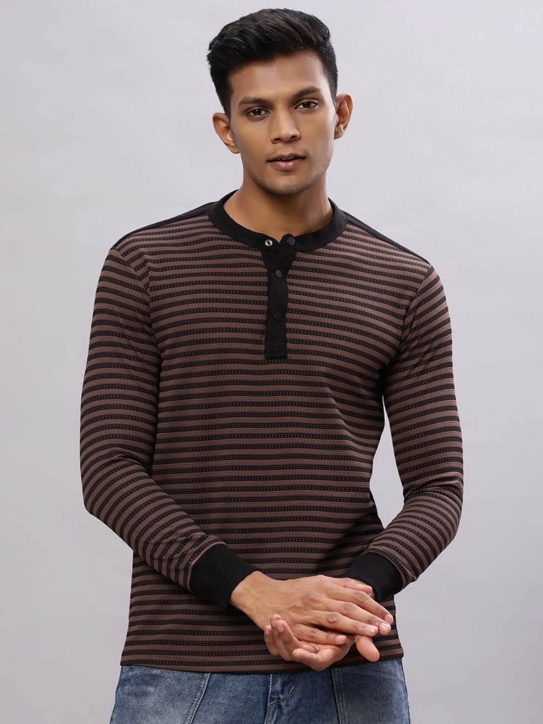

N AND J Men Striped Henley Neck Cotton T-shirt, Coffee brown