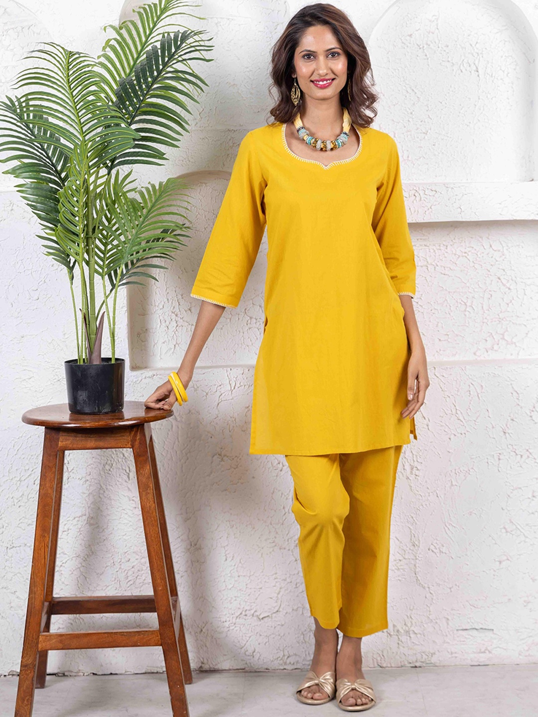 

INAAYA JAIPUR Embroidered Sweetheart Neck Pure Cotton Tunic With Trousers, Mustard