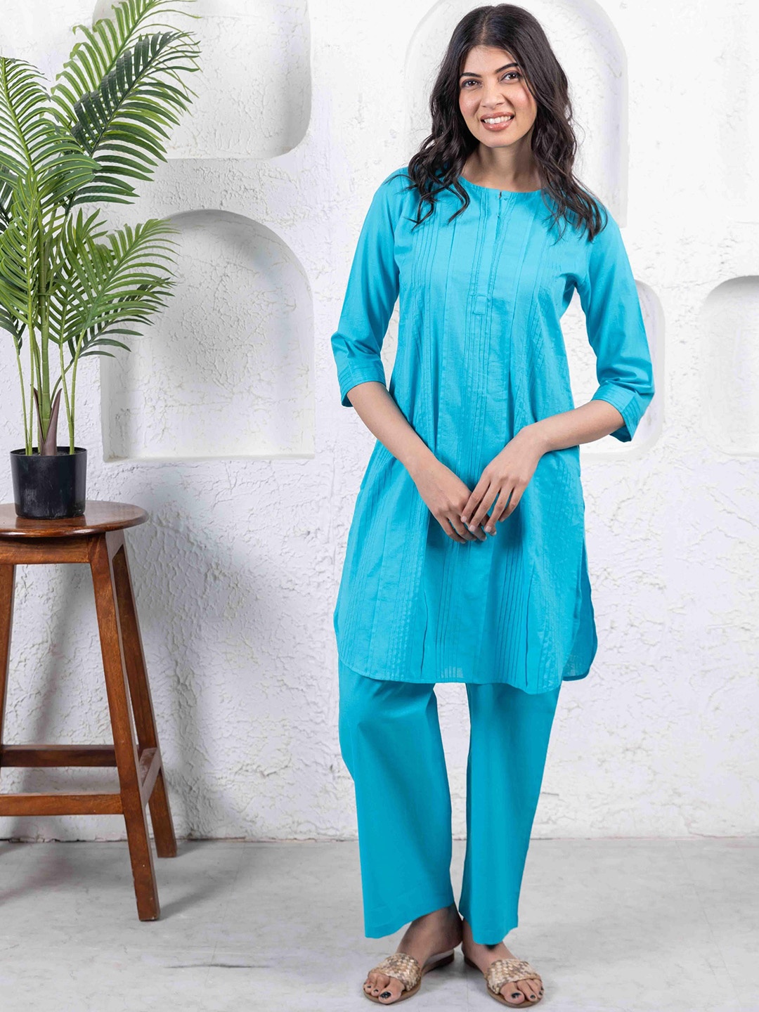 

INAAYA JAIPUR Printed Pure Cotton Tunic With Trousers Co-Ords, Turquoise blue