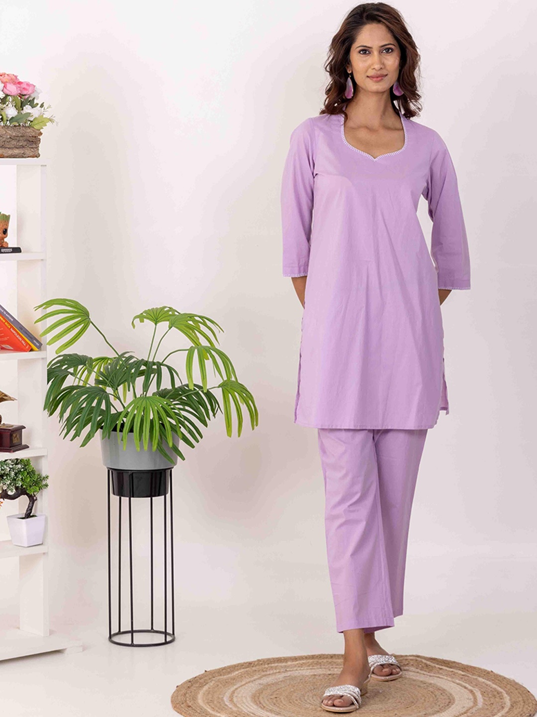 

INAAYA JAIPUR Embroidered Sweetheart Neck Pure Cotton Tunic With Trousers, Lavender