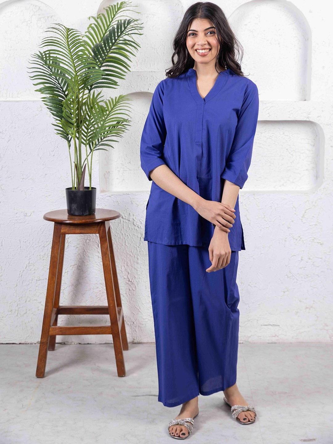 

INAAYA JAIPUR Pure Cotton Tunic With Palazzo Co-Ords, Blue