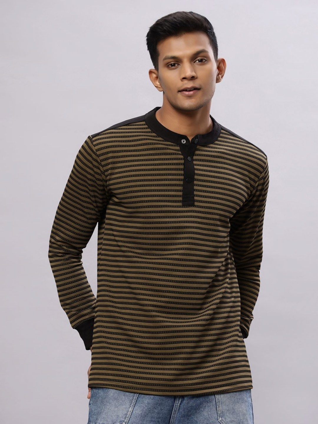 

N AND J Men Striped Henley Neck Cotton T-shirt, Olive