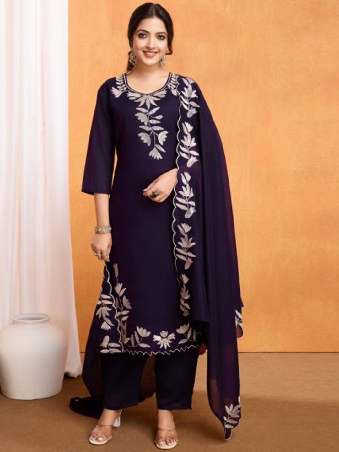 

Shriji fashion Floral Embroidered Round Neck Straight Kurta With Palazzo & Dupatta, Purple