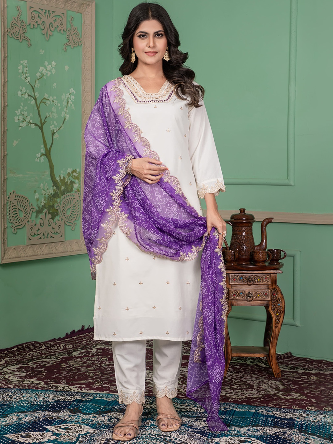 

Shriji fashion Floral Embroidered Sequinned Chanderi Cotton Kurta With Trouser And Dupatta, White