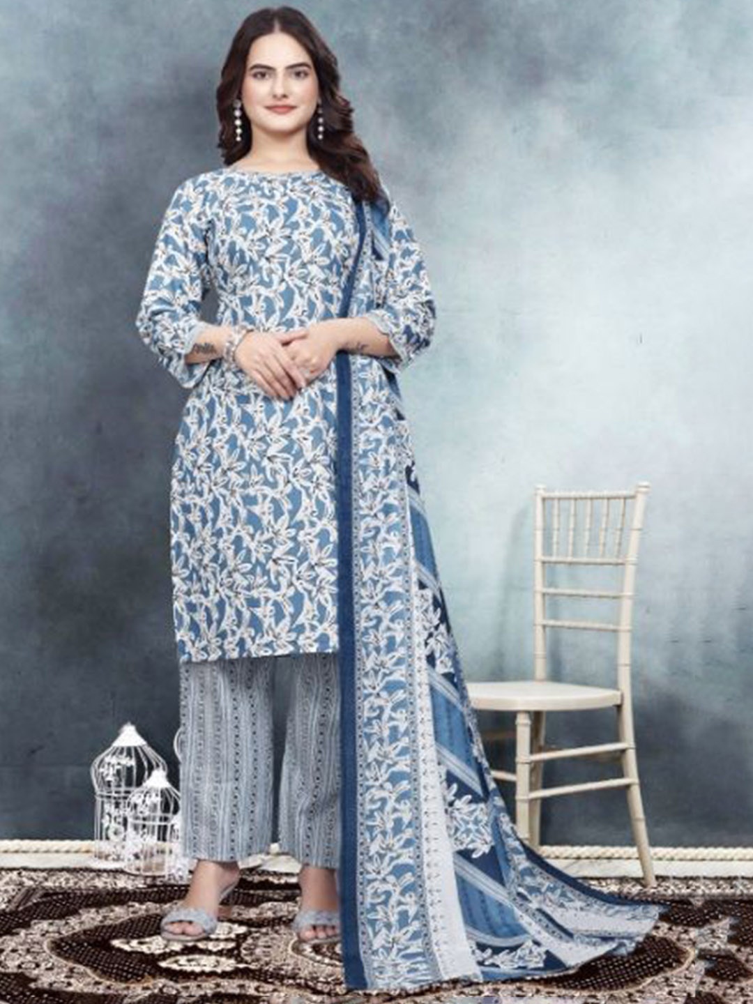 

Shriji fashion Floral Printed Pure Cotton Straight Kurta with Trousers & Dupatta, Grey