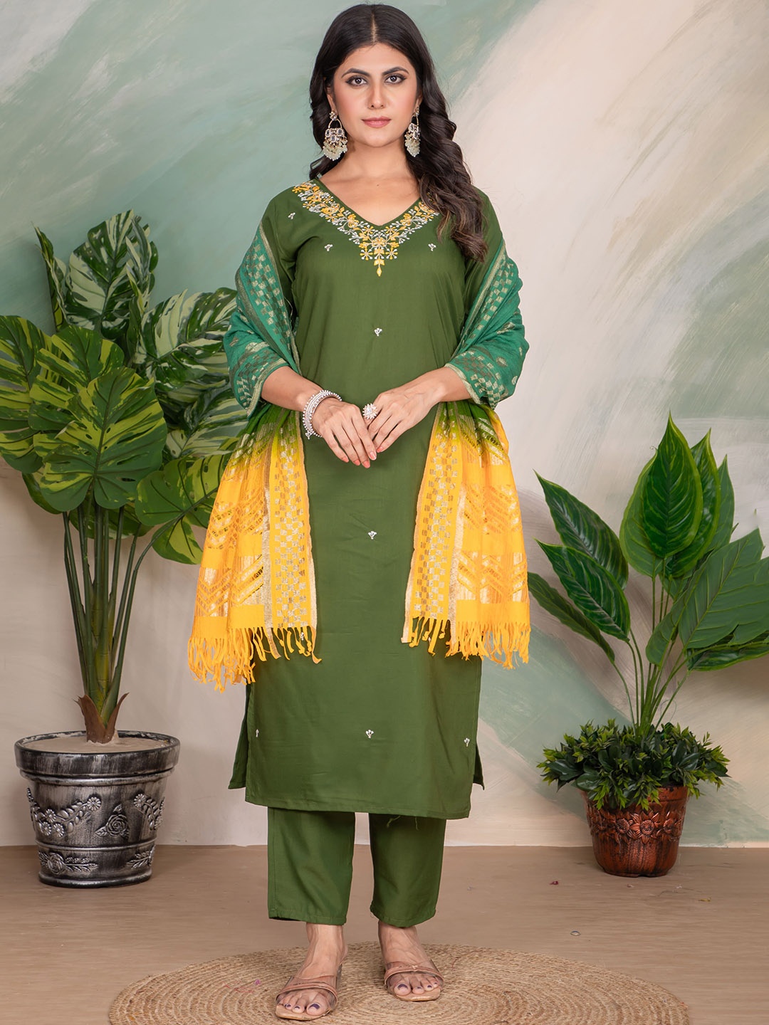 

Shriji fashion Floral Embroidered V Neck Pure Silk Straight Kurta with Trousers & Dupatta, Green