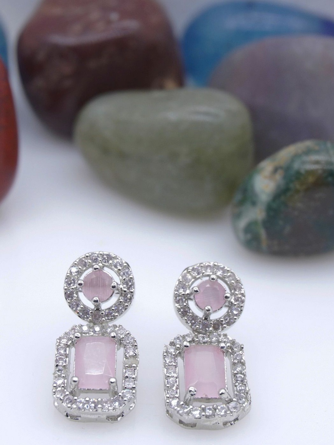 

AKLINA Silver-Plated Cubic Zirconia Stones Studded Square Shaped Drop Earrings, Pink