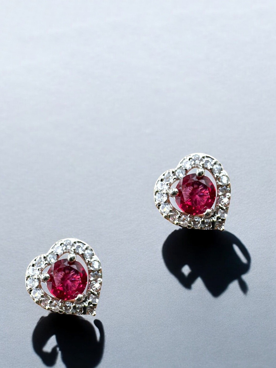 

AKLINA Silver-Plated Cubic Zirconia Stones Studded Heart Shaped Studs, Red