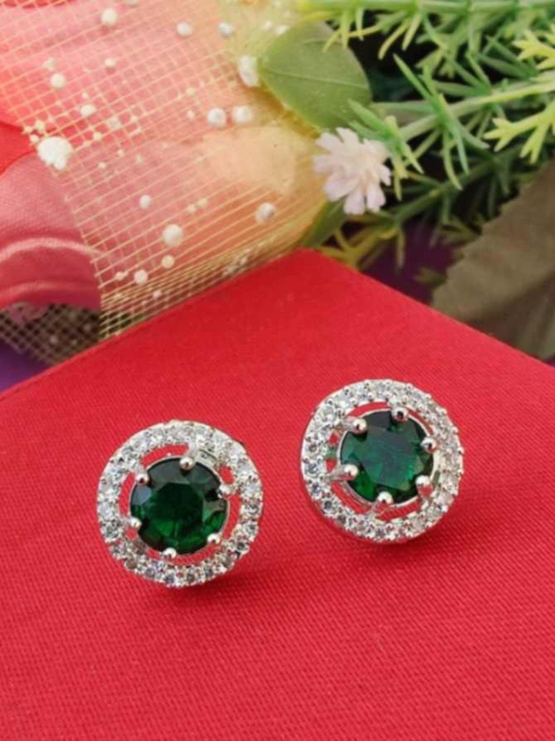 

AKLINA Silver-Plated Cubic Zirconia Stones Studded Round Shaped Studs, Green