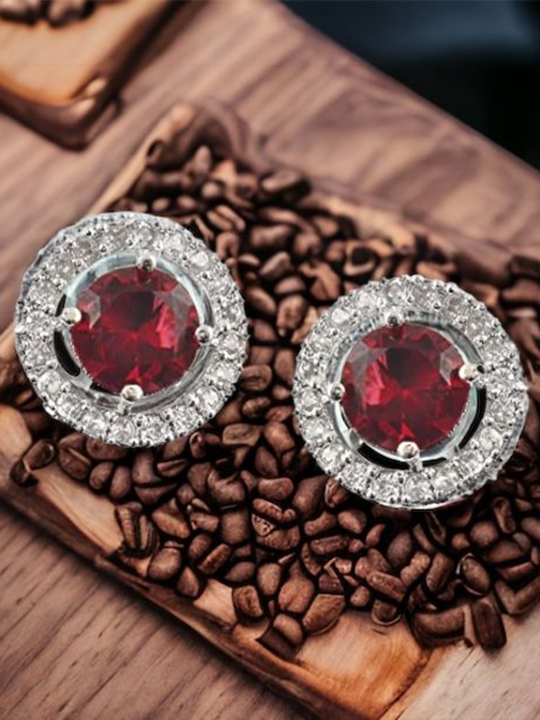 

AKLINA Silver-Plated Cubic Zirconia Stones Studded Round Shaped Studs, Red