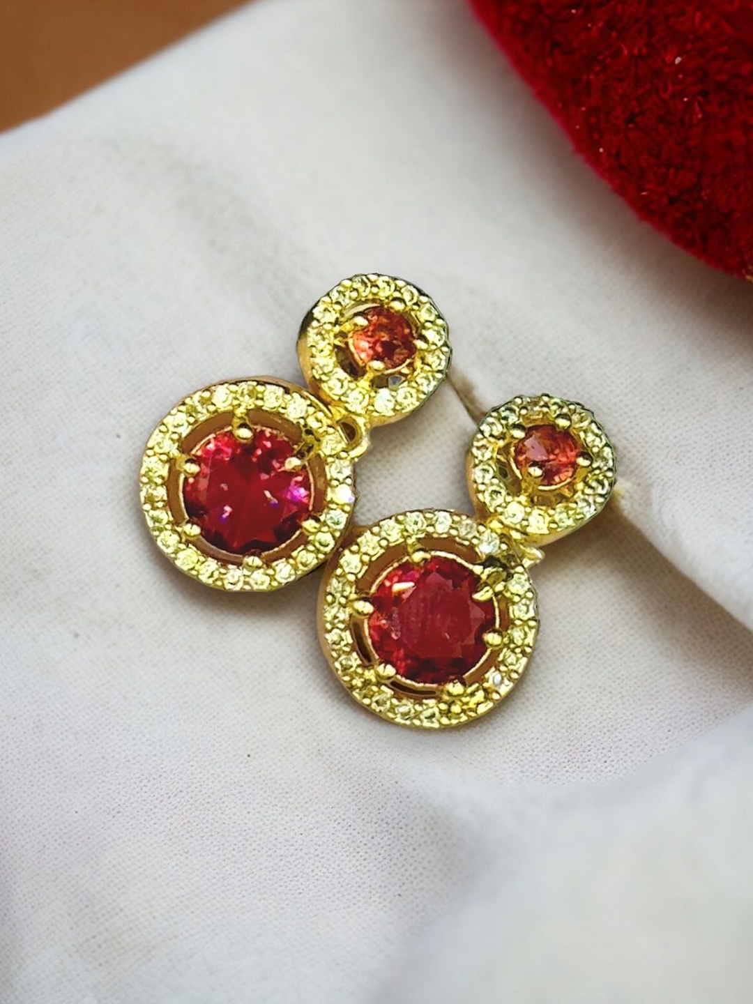 

AKLINA Gold-Plated Cubic Zirconia Stones Studded Round Shaped Drop Earrings, Red