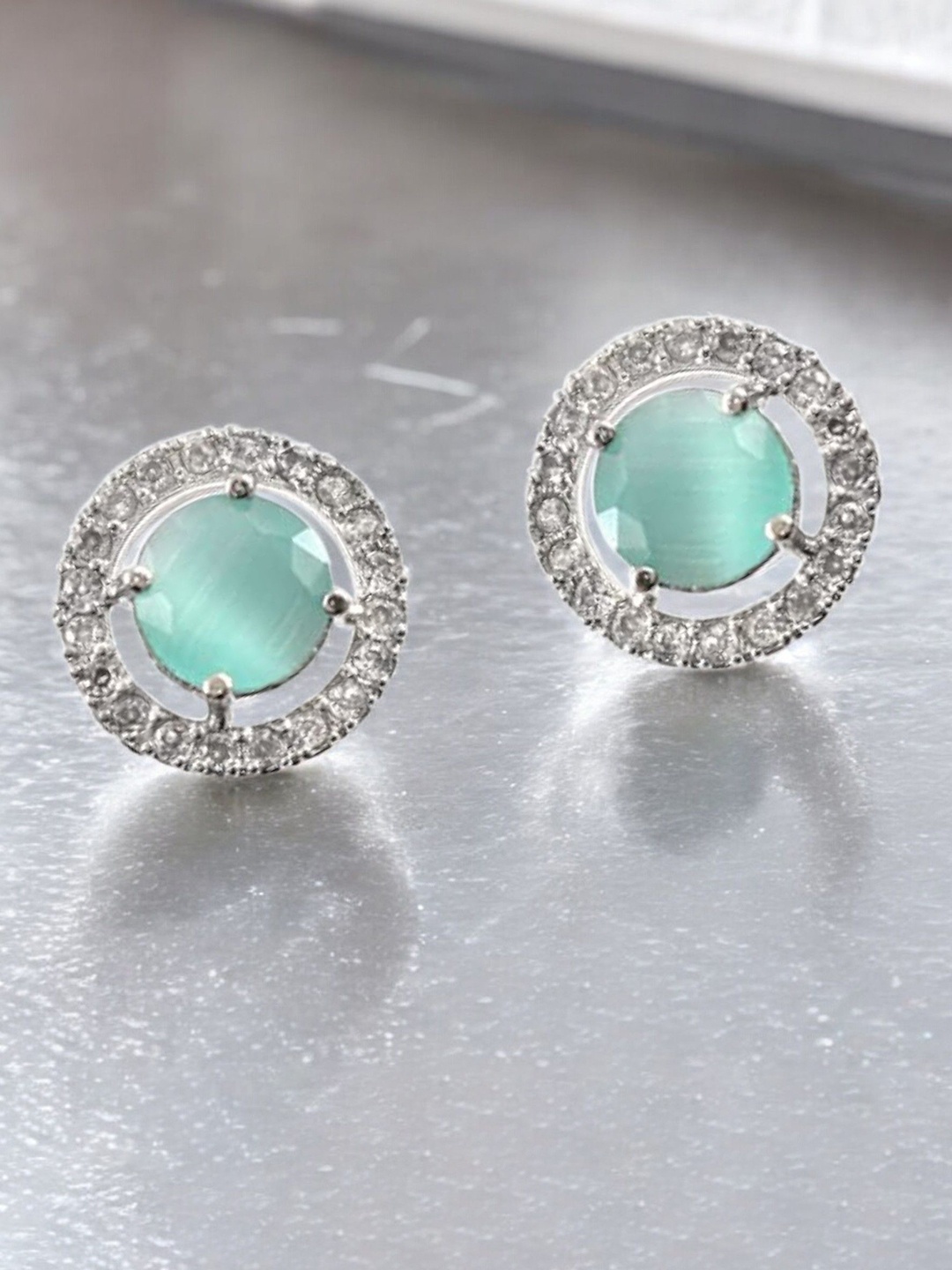 

AKLINA Silver-Plated Cubic Zirconia Circular Shaped Studs, Sea green