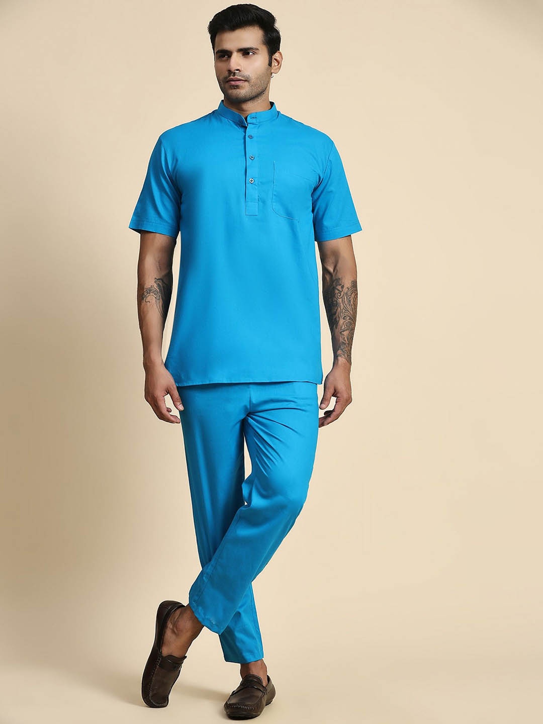 

Moda Rapido Mandarin Collar Pure Cotton Short Kurta With Trousers, Blue