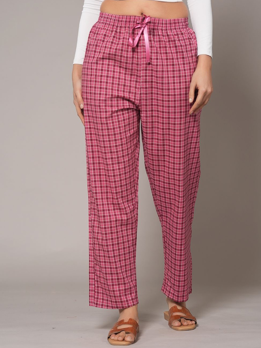 

Style Shoes Women Checked Cotton Lounge Pants, Pink