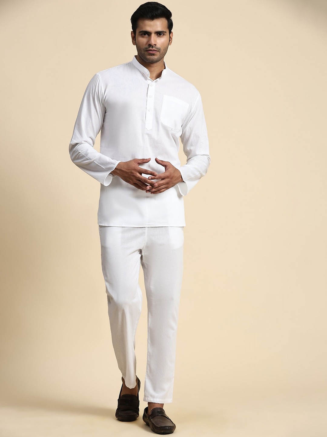 

Moda Rapido Mandarin Collar Pure Cotton Short Kurta With Trousers, White