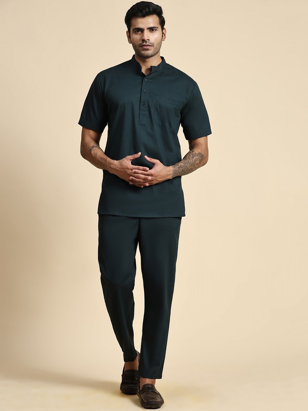 

Moda Rapido Band Collar Pure Cotton Straight Kurta With Trouser, Green