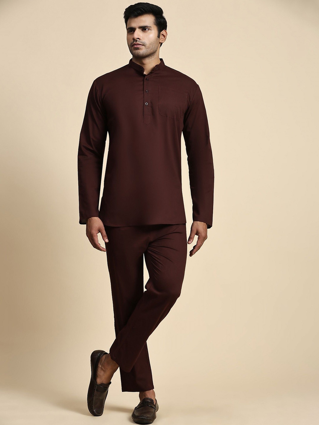 

Moda Rapido Mandarin Collar Pure Cotton Short Kurta With Trousers, Brown