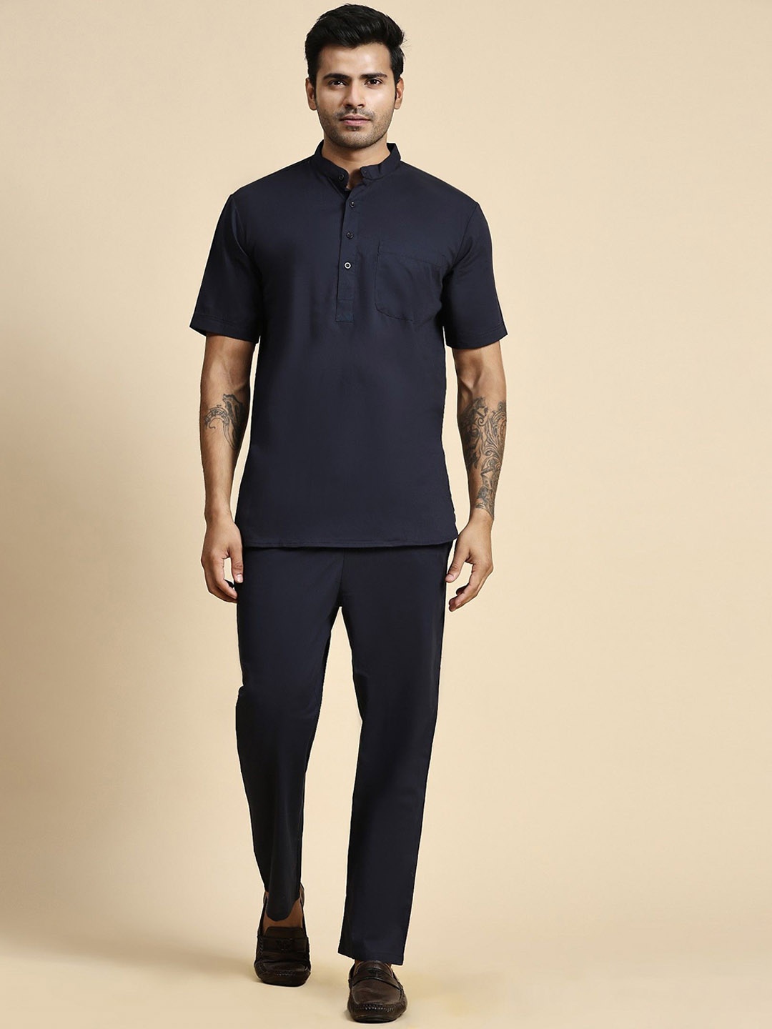 

Moda Rapido Mandarin Collar Pure Cotton Short Kurta With Trousers, Navy blue