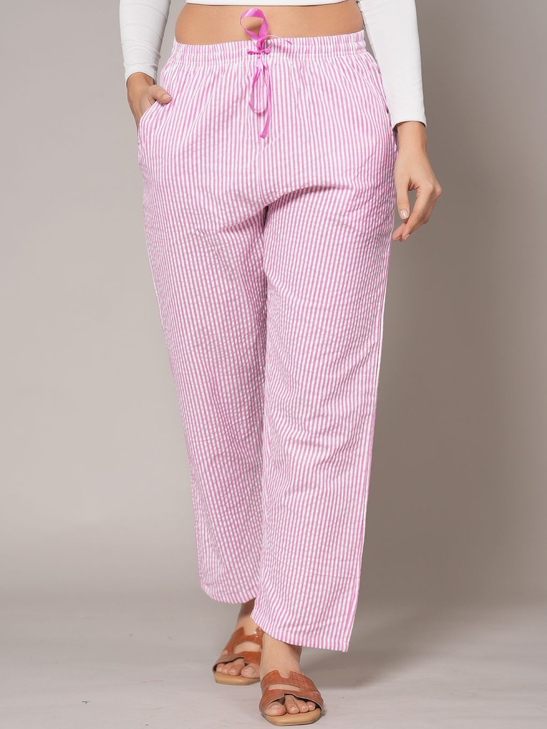 

Style Shoes Women Striped Cotton Trousers, Pink
