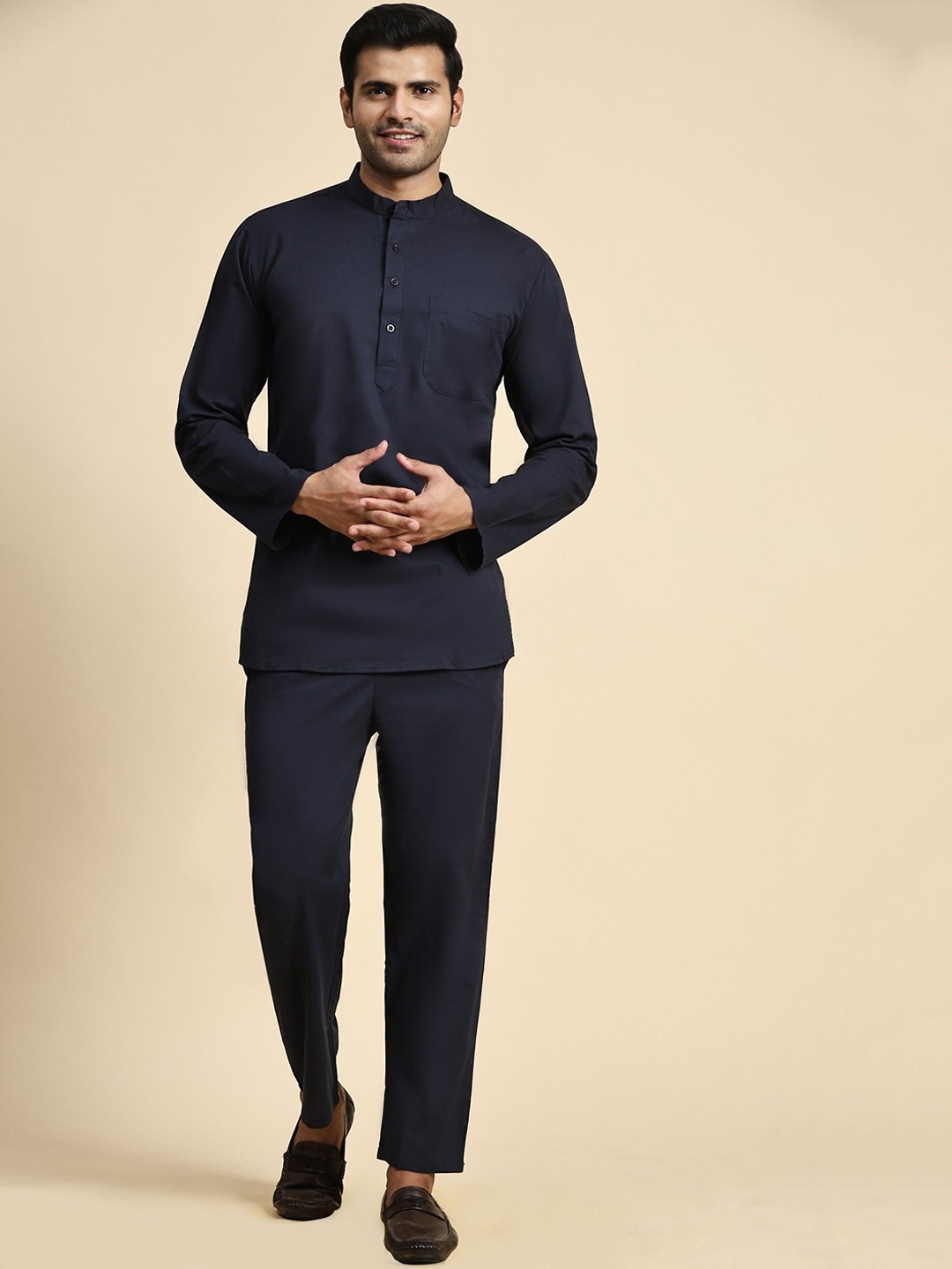 

Moda Rapido Mandarin Collar Pure Cotton Short Kurta With Trousers, Black