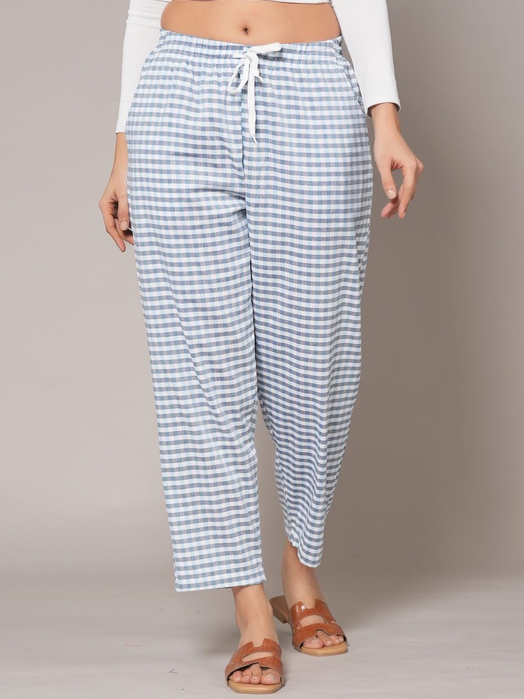 

Style Shoes Women Checked Cotton Mid-Rise Trousers, Blue