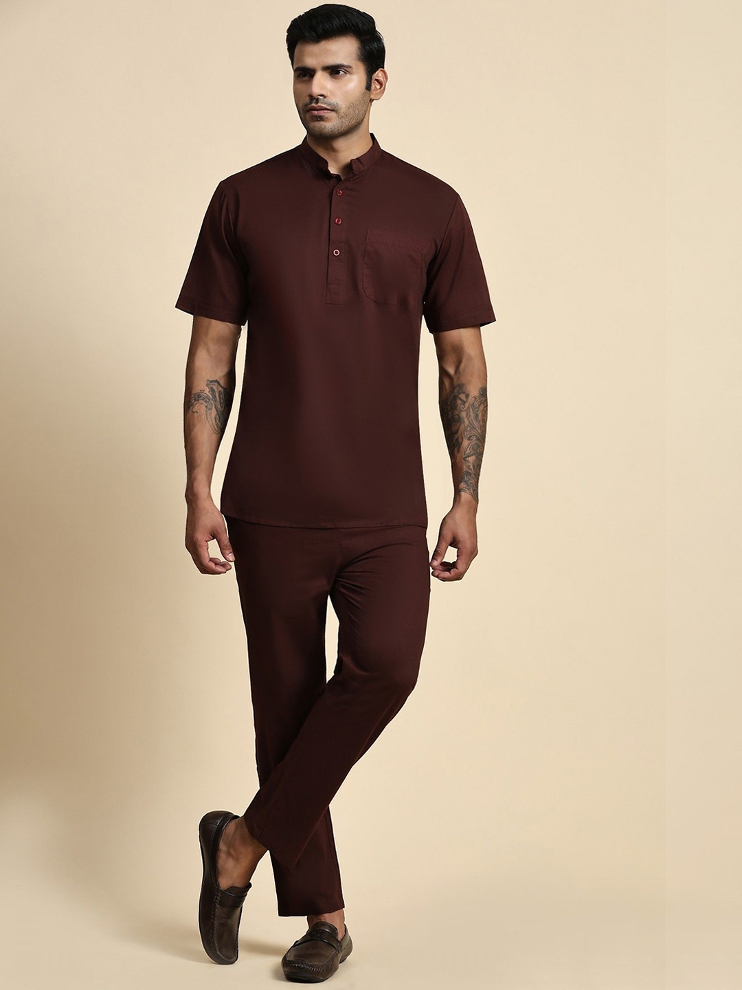 

Moda Rapido Mandarin Collar Pure Cotton Short Kurta With Trousers, Brown