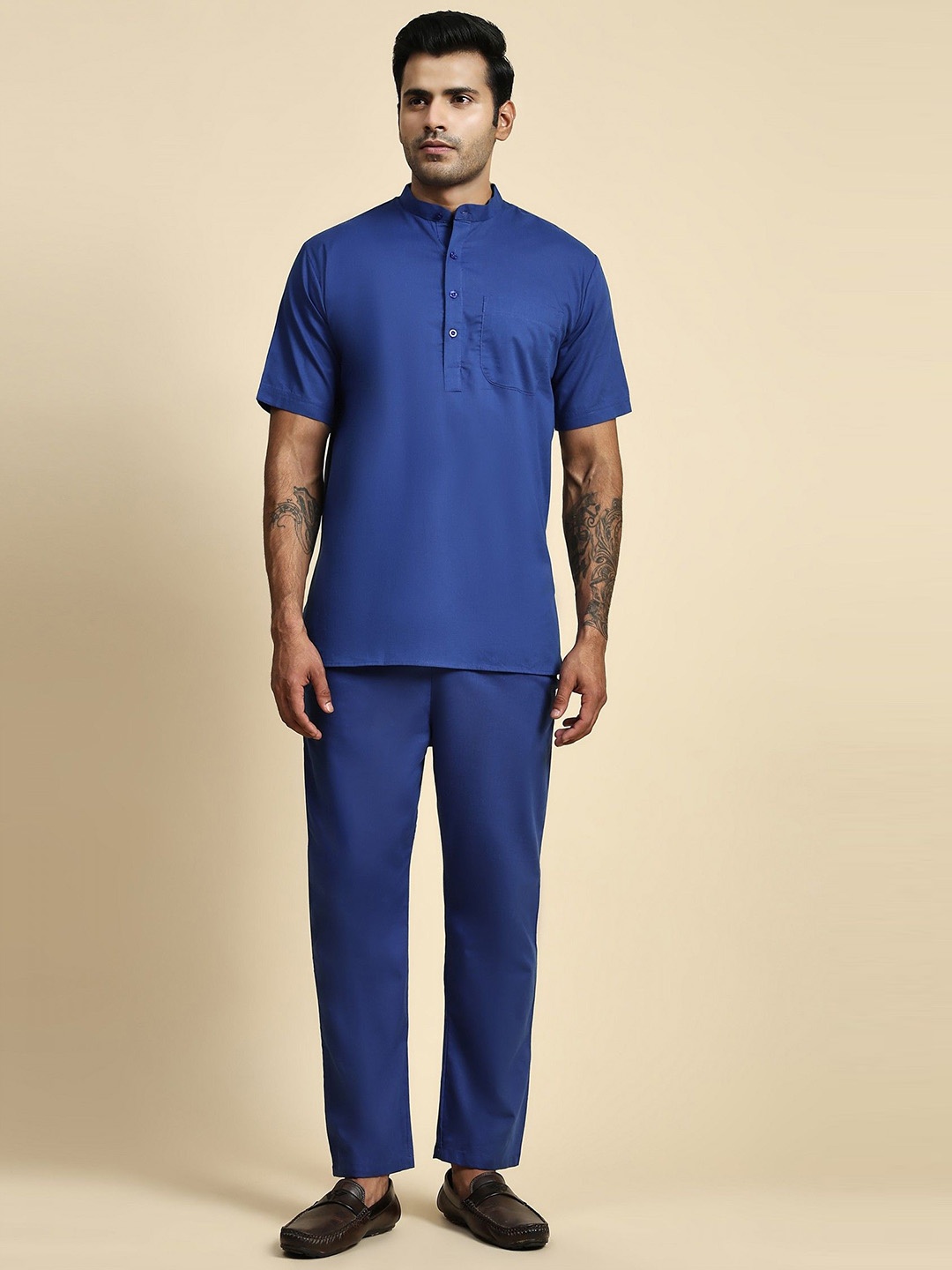 

Moda Rapido Mandarin Collar Pure Cotton Short Kurta With Trousers, Navy blue