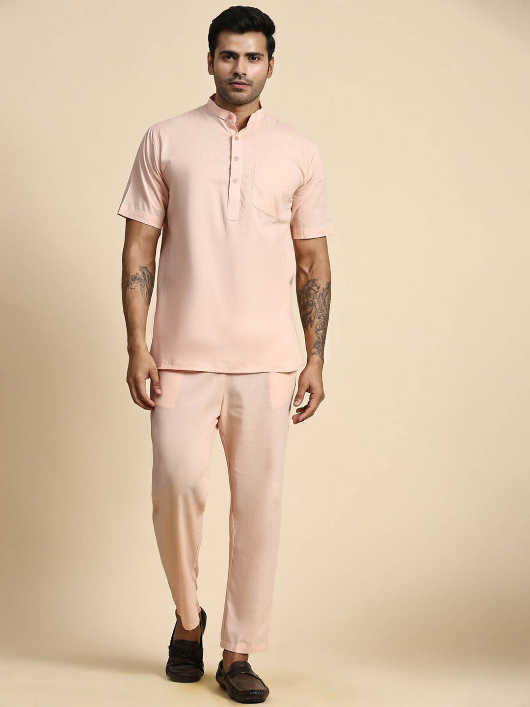 

Moda Rapido Band Collar Pure Cotton Straight Kurta With Trouser, Pink