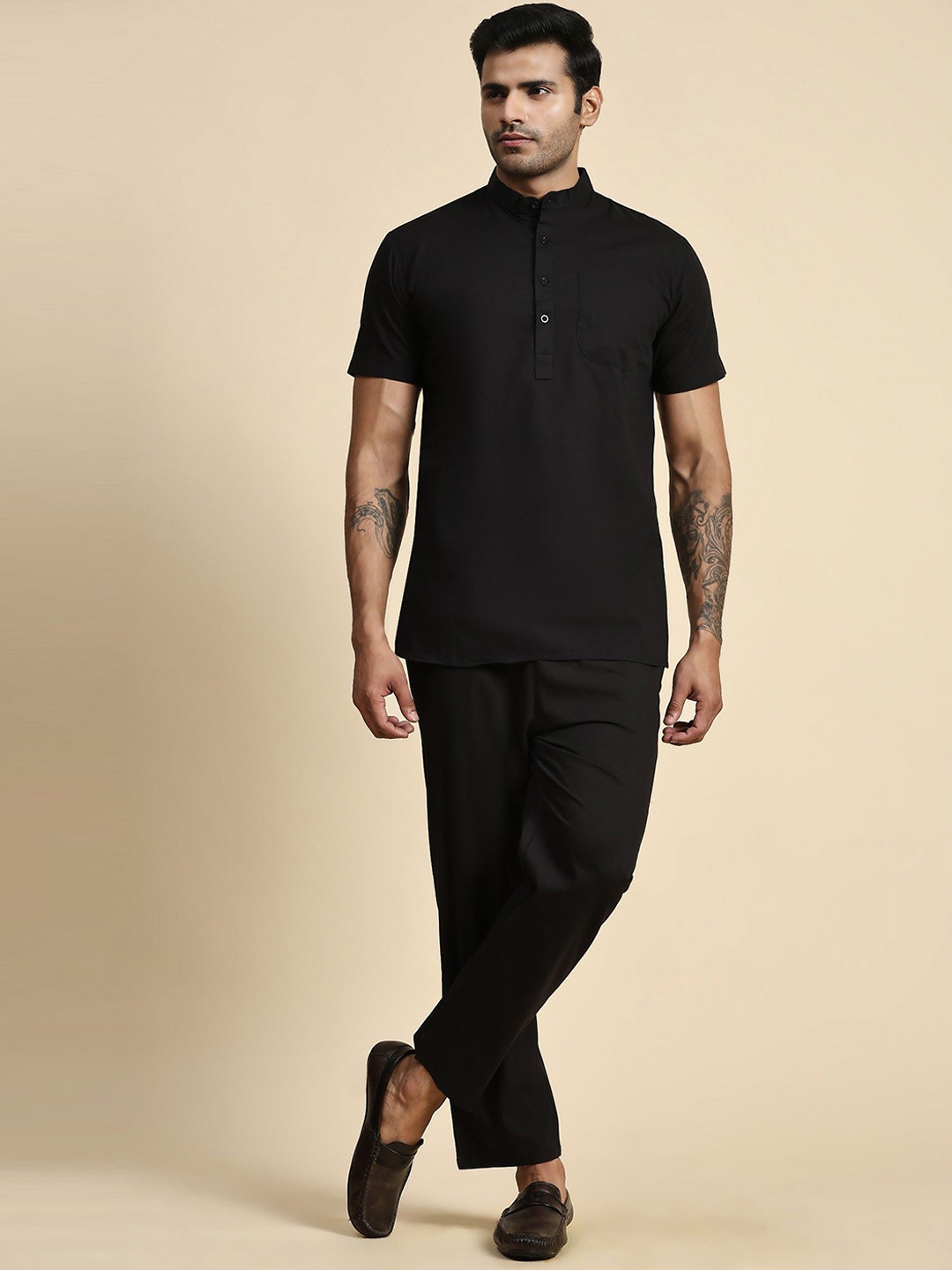 

Moda Rapido Mandarin Collar Pure Cotton Short Kurta With Trousers, Black