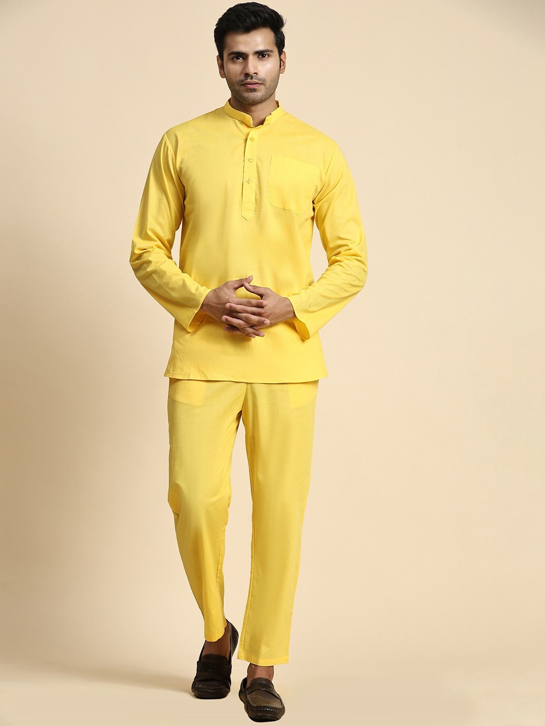 

Moda Rapido Mandarin Collar Pure Cotton Short Kurta With Trousers, Yellow