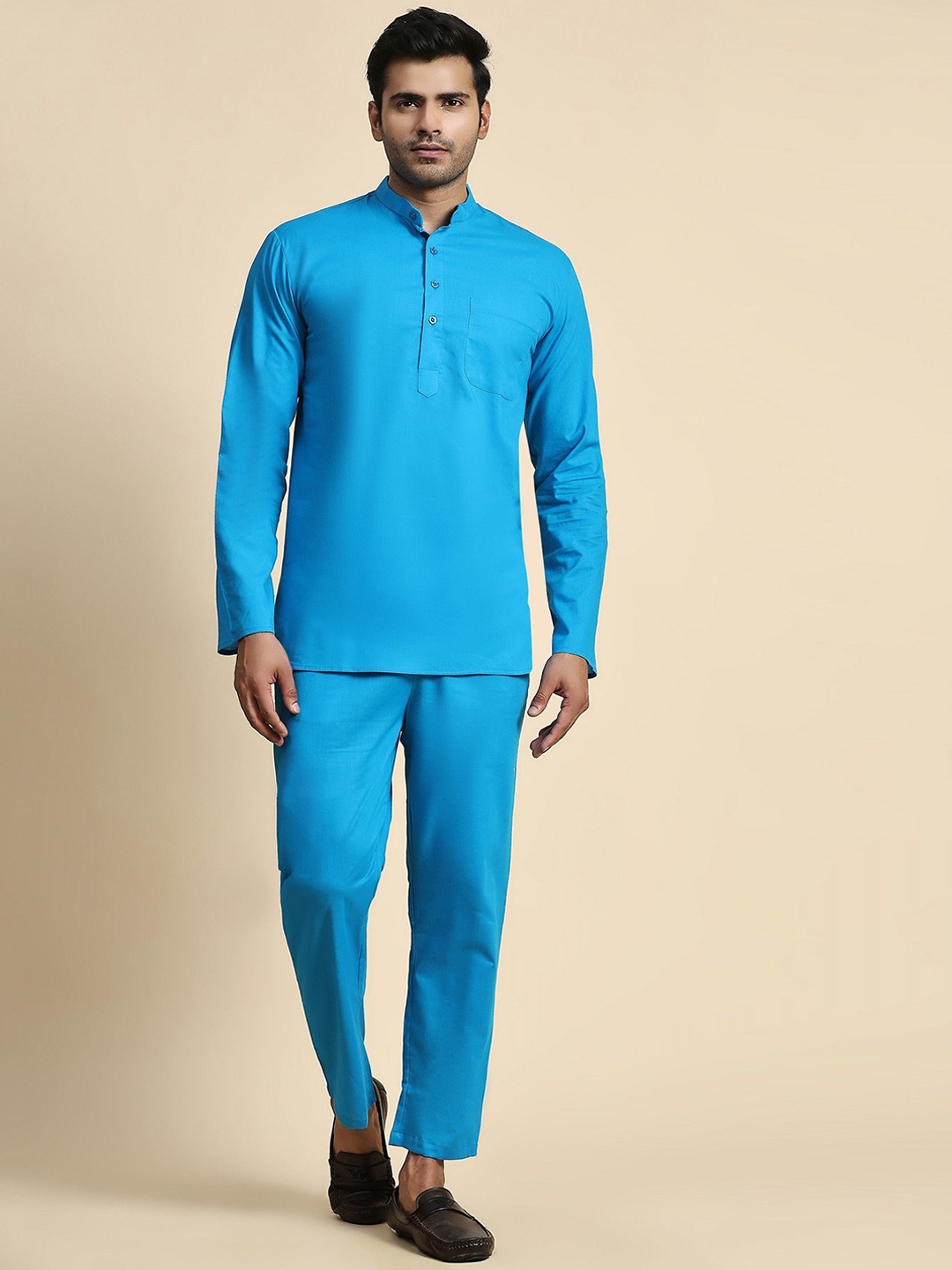 

Moda Rapido Mandarin Collar Pure Cotton Short Kurta With Trousers, Blue
