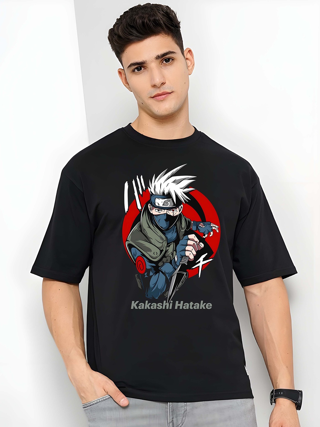 

BOWLIFESTYLE Men Graphic Printed Round Neck Cotton Oversized T-shirt, Black