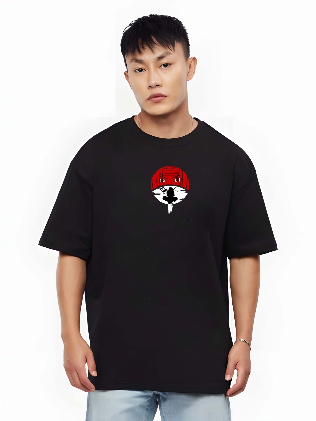

BOWLIFESTYLE Men Graphic Printed Round Neck Cotton Oversized T-shirt, Black