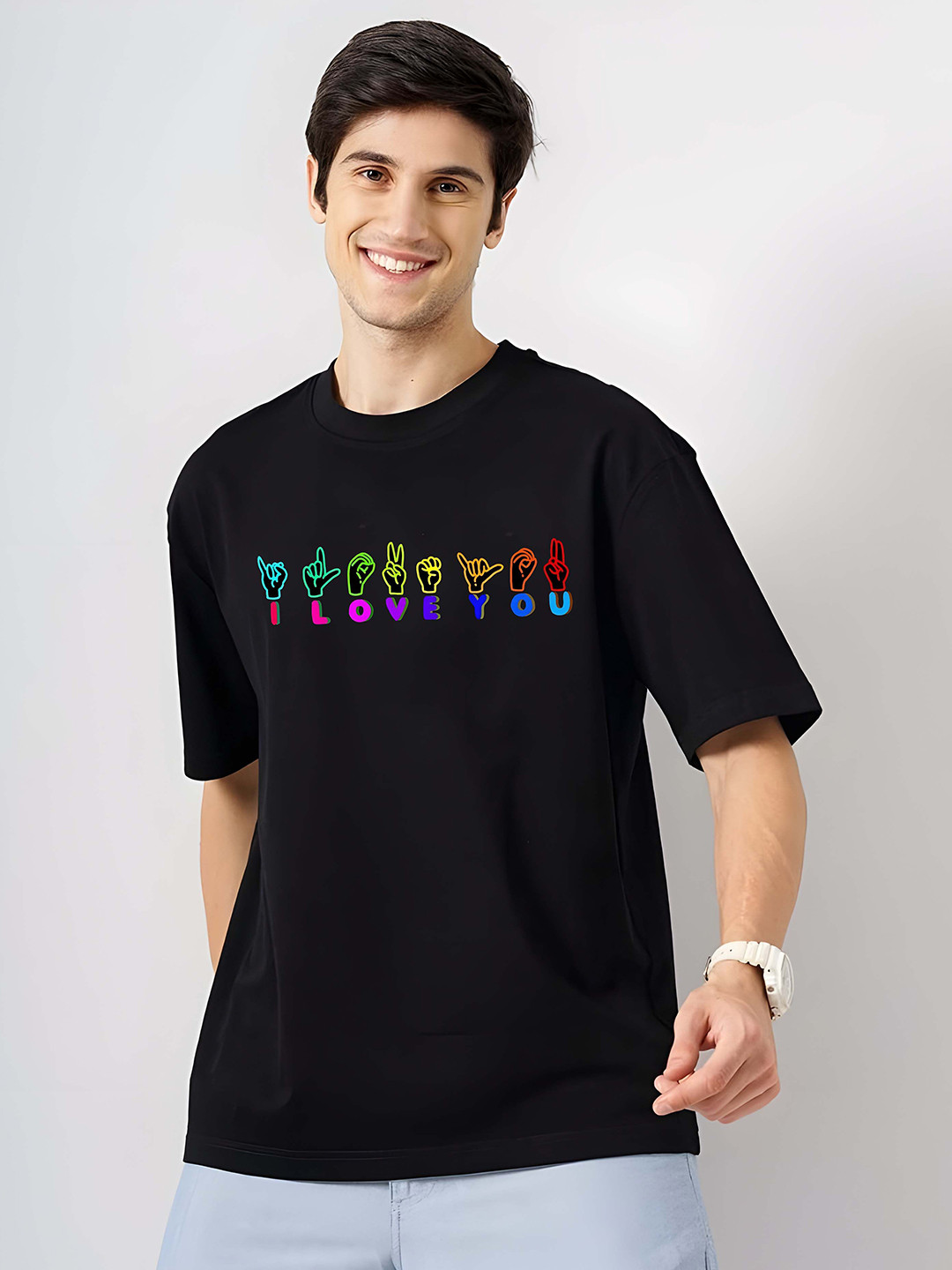 

BOWLIFESTYLE Men Typography Printed Round Neck Cotton Oversized T-shirt, Black