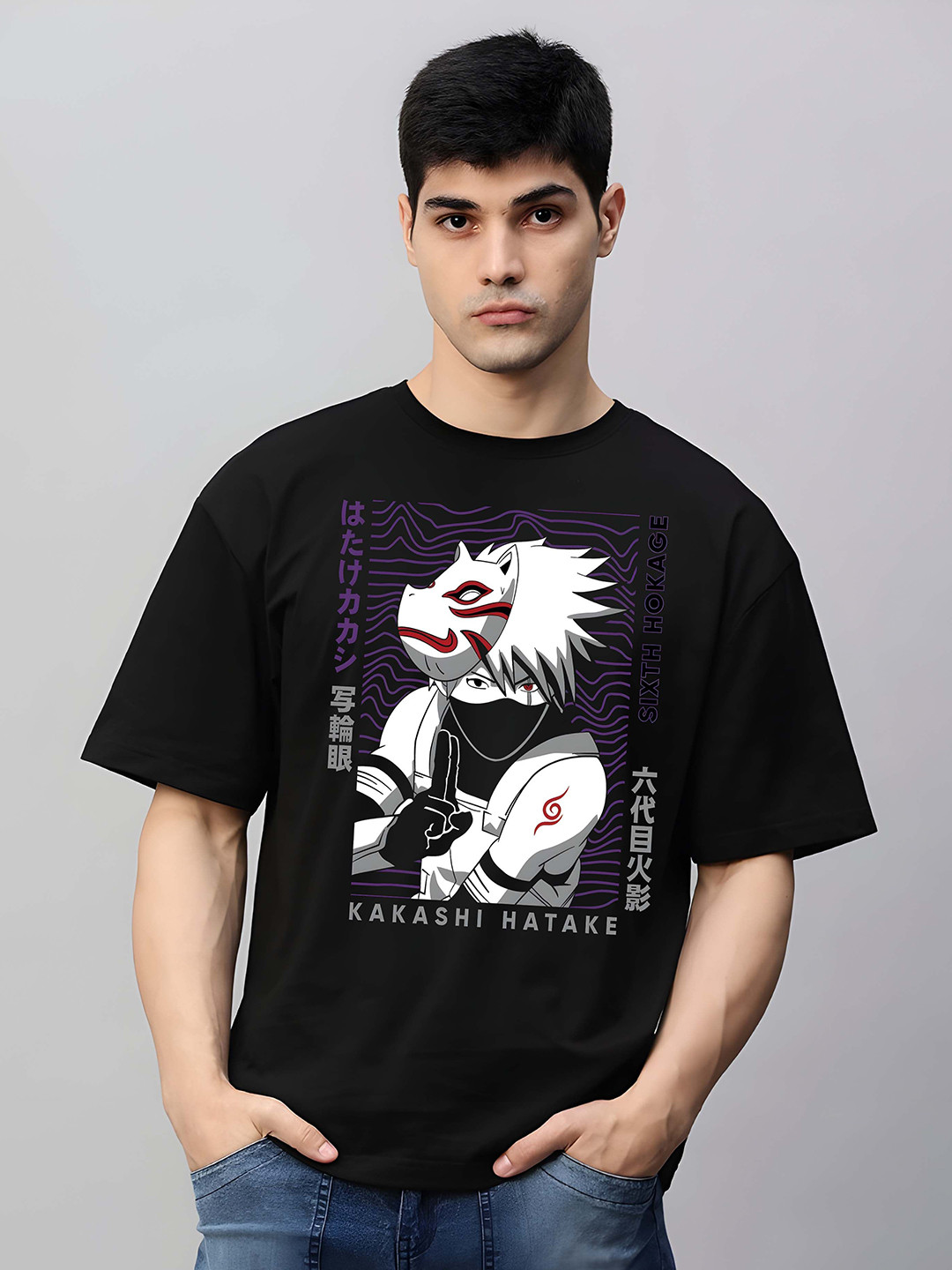 

BOWLIFESTYLE Men Graphic Printed Round Neck Cotton Oversized T-shirt, Black