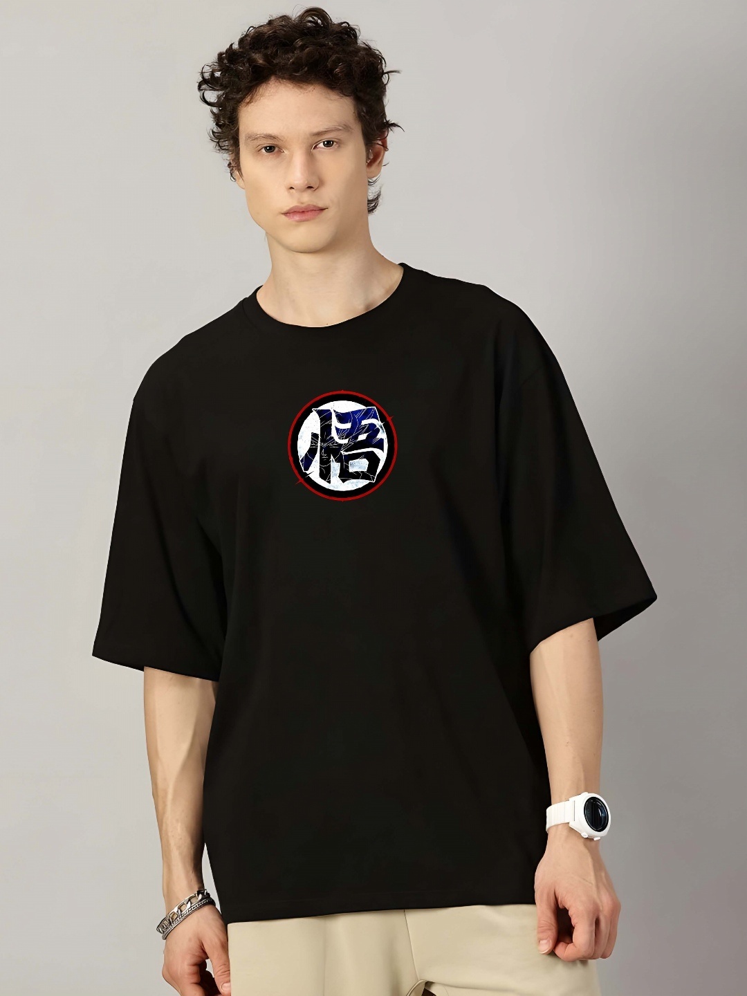 

BOWLIFESTYLE Men Dragon Ball Z Graphic Printed Round Neck Cotton Oversized T-shirt, Black