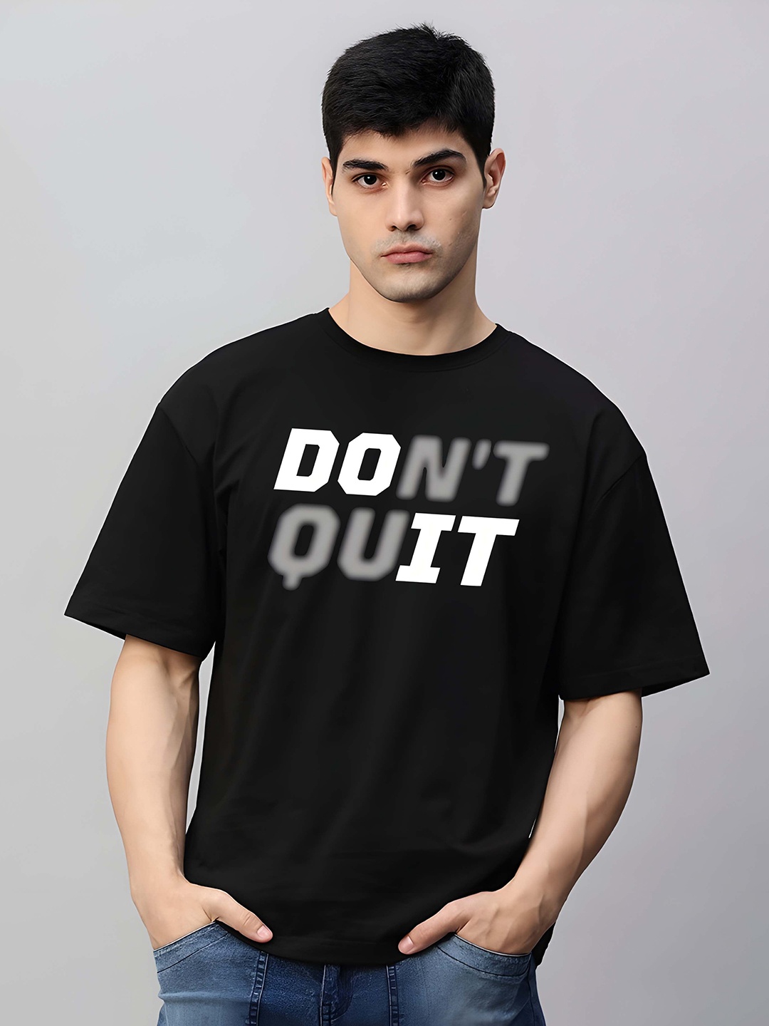 

BOWLIFESTYLE Men Typography Printed Round Neck Cotton Oversized T-shirt, Black