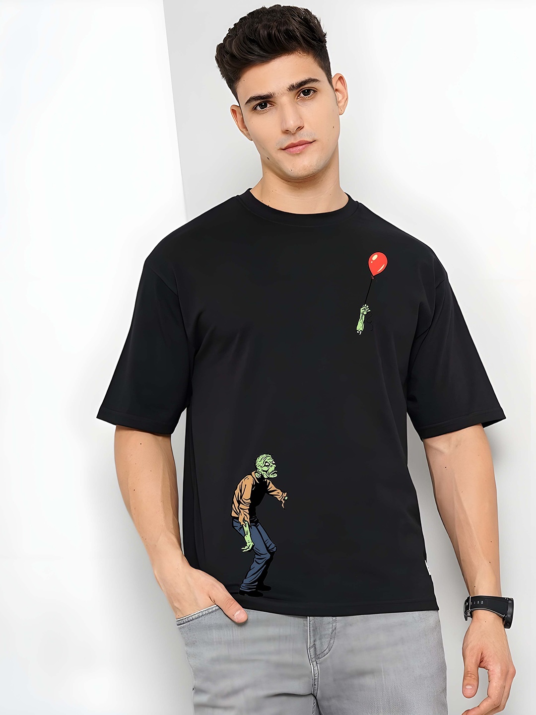 

BOWLIFESTYLE Men Graphic Printed Round Neck Cotton Oversized T-shirt, Black