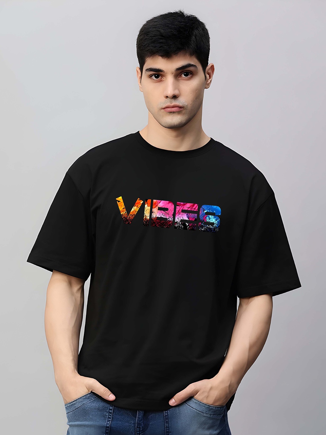 

BOWLIFESTYLE Men Typography Printed Round Neck Cotton Oversized T-shirt, Black