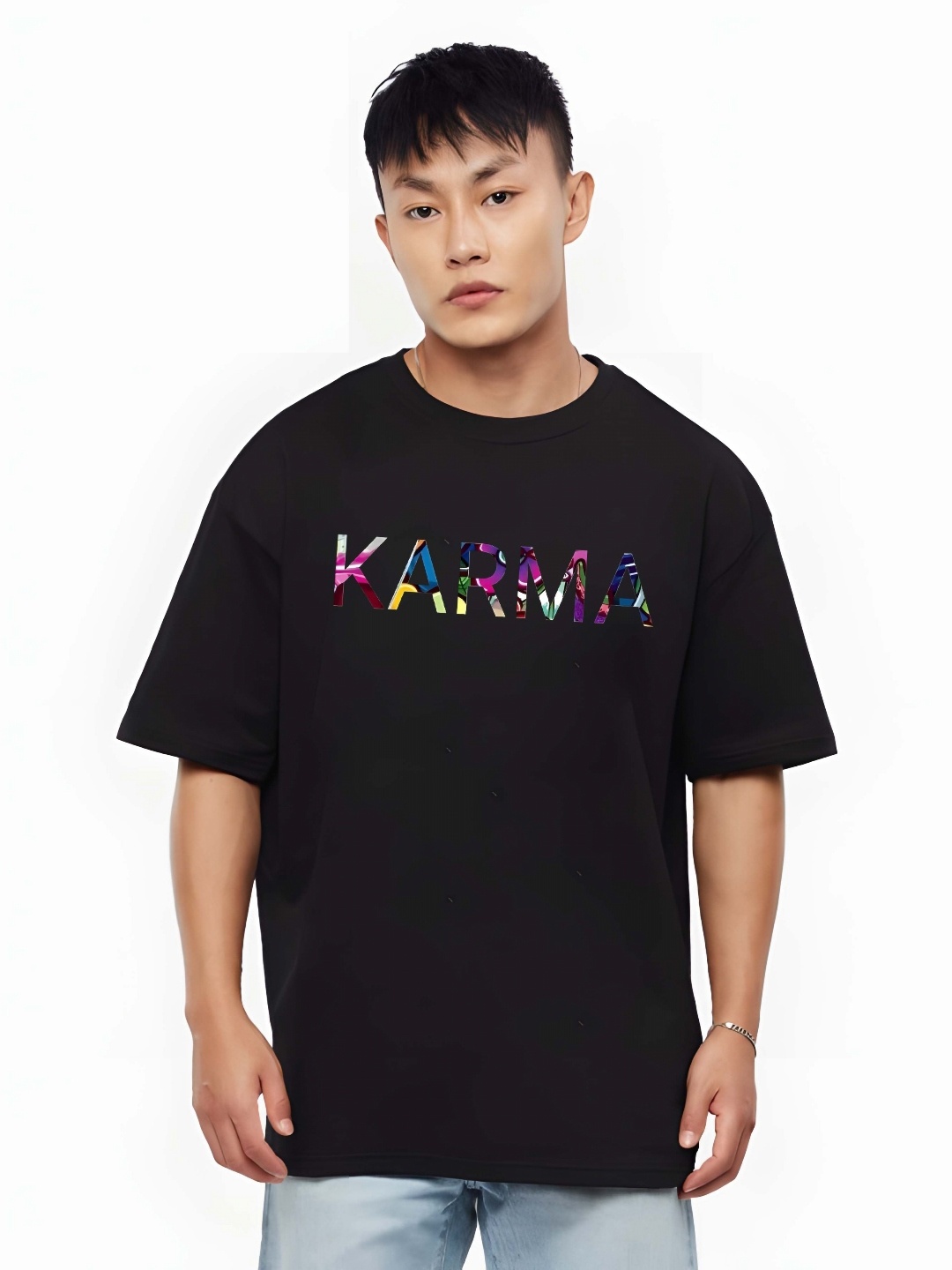 

BOWLIFESTYLE Men Typography Printed Round Neck Cotton Oversized T-shirt, Black